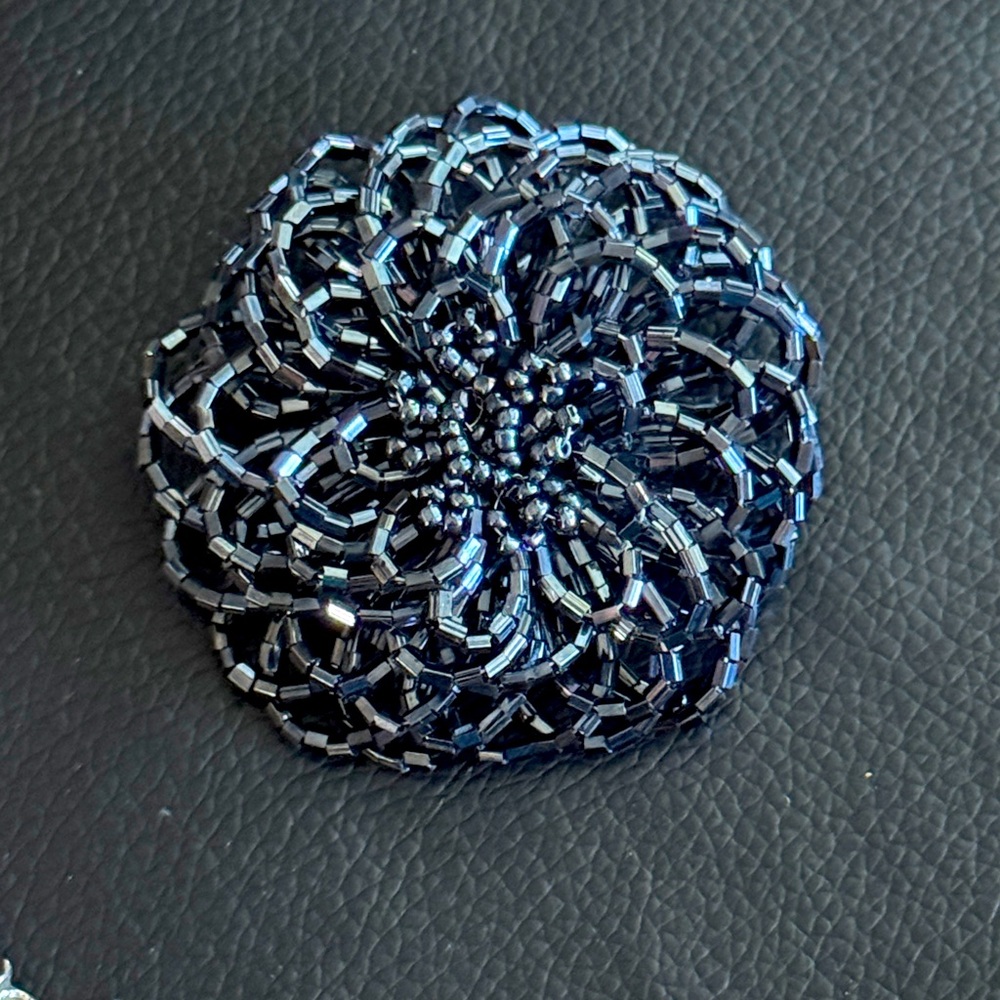 Vintage Hand Made Iridescent Black Beaded Brooch
